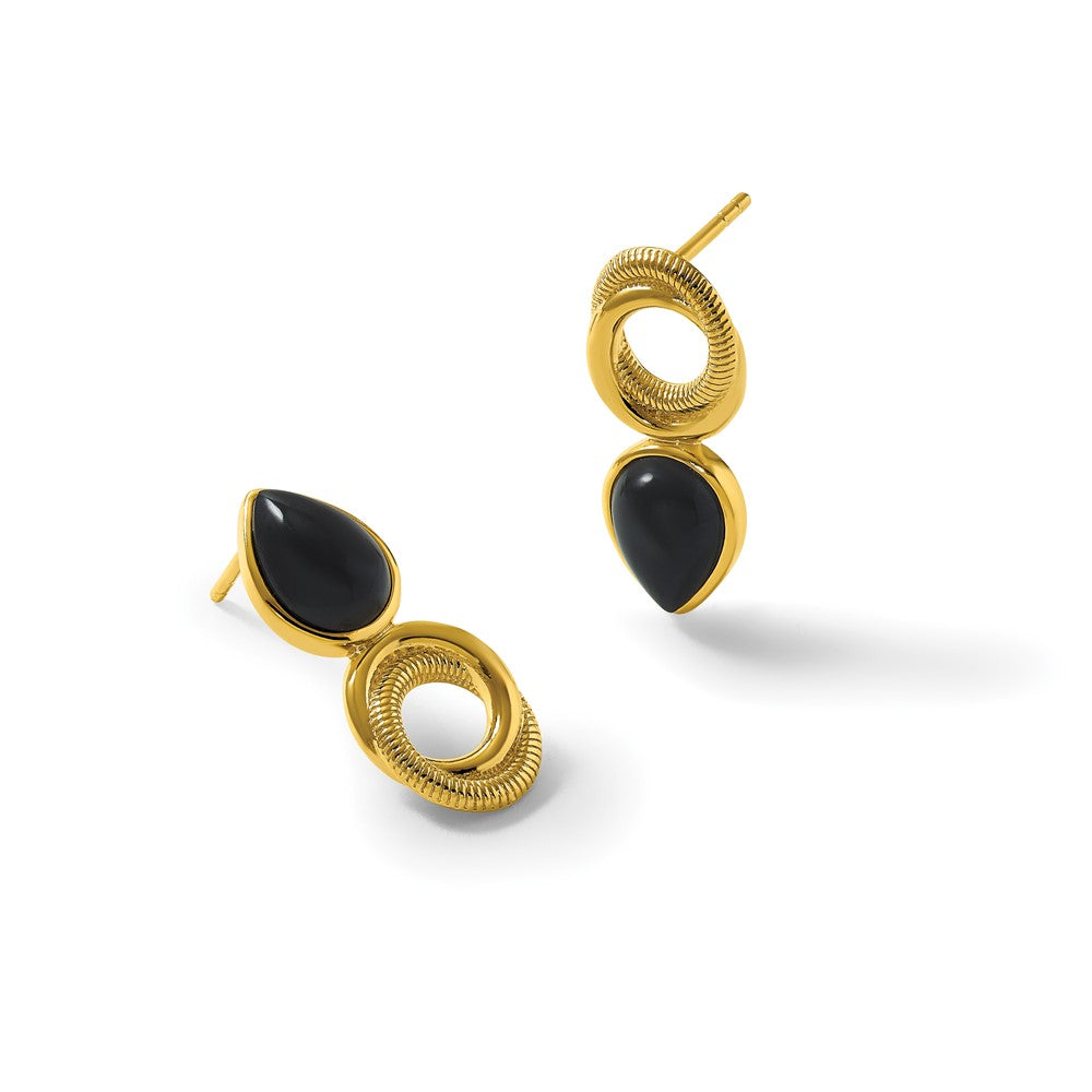 Sterling Silver Gold-tone Black Agate Circle Teardrop Post Earrings