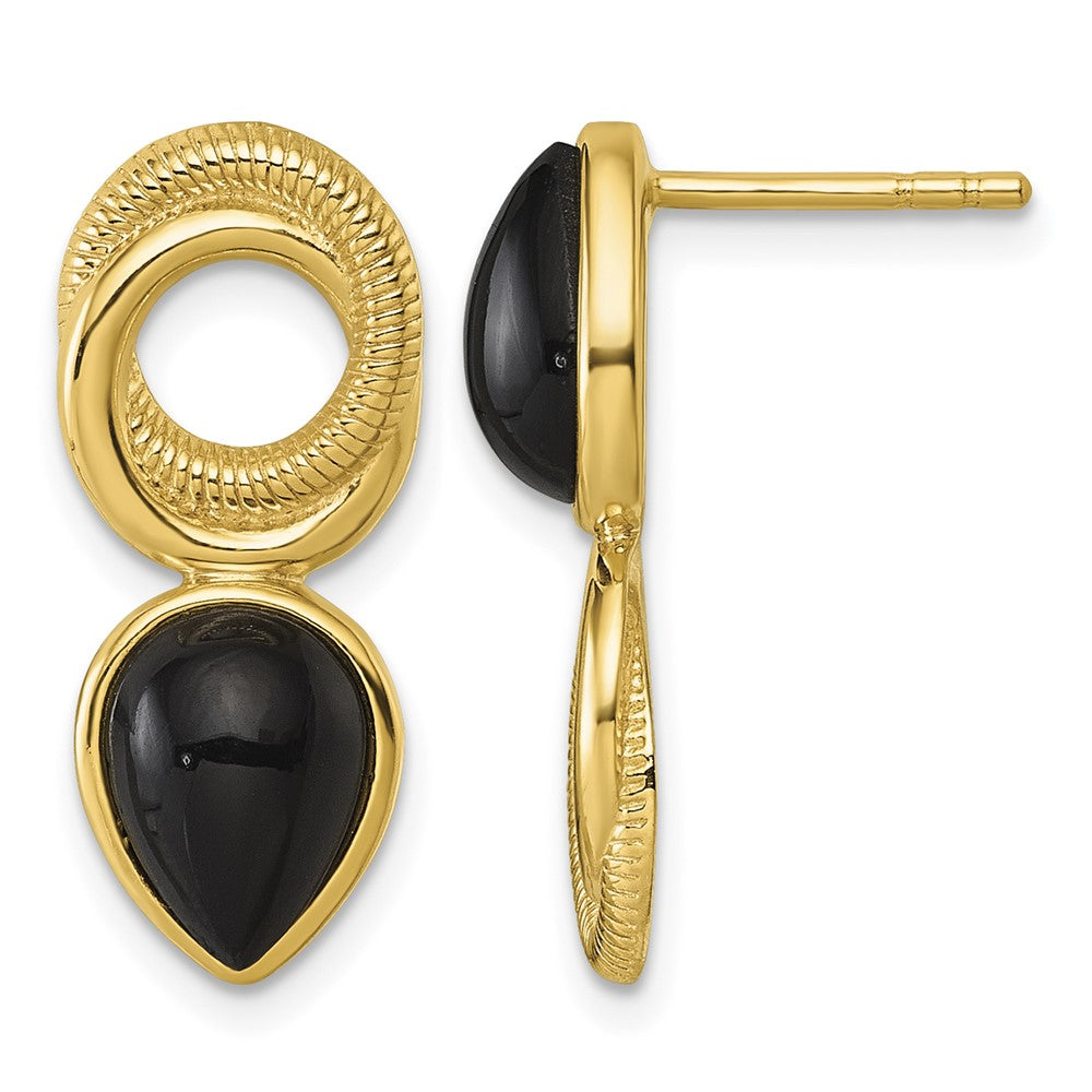 Sterling Silver Gold-tone Black Agate Circle Teardrop Post Earrings