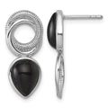 Sterling Silver Rhodium-plated Black Agate Circle Teardrop Post Earrings