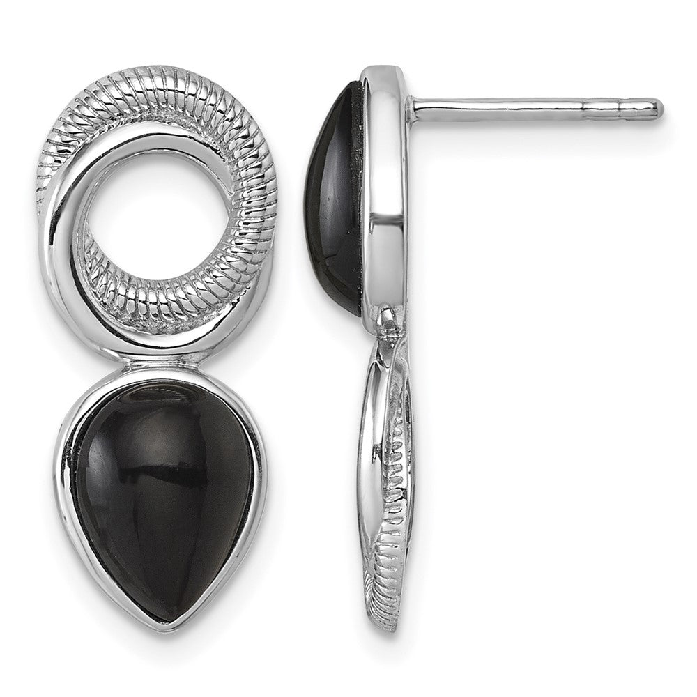 Sterling Silver Rhodium-plated Black Agate Circle Teardrop Post Earrings
