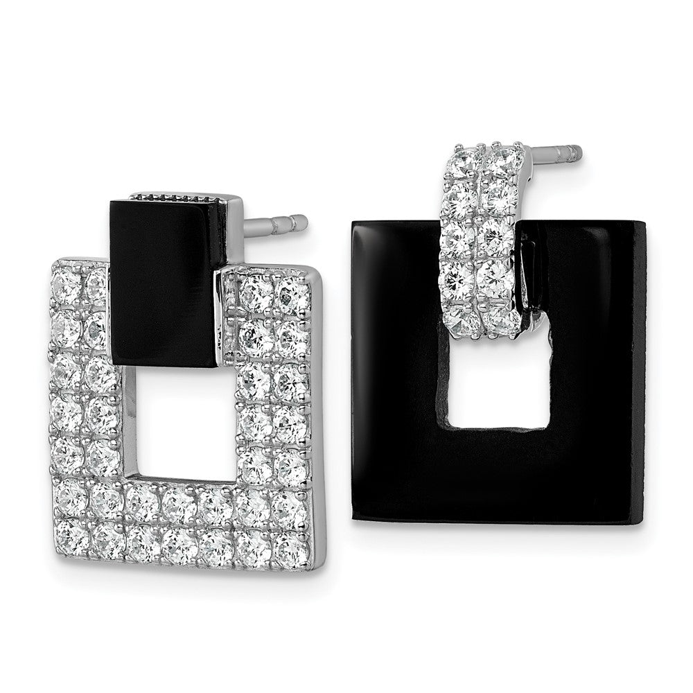 Sterling Silver RH-plated CZ Black Agate Square Dangle Mis-Matched Earrings