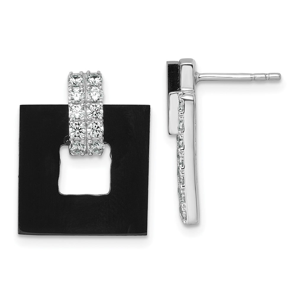 Sterling Silver RH-plated CZ Black Agate Square Dangle Mis-Matched Earrings