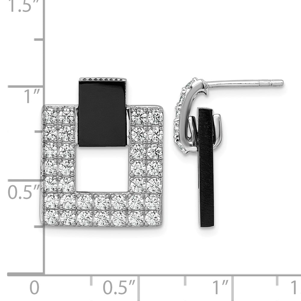 Sterling Silver RH-plated CZ Black Agate Square Dangle Mis-Matched Earrings
