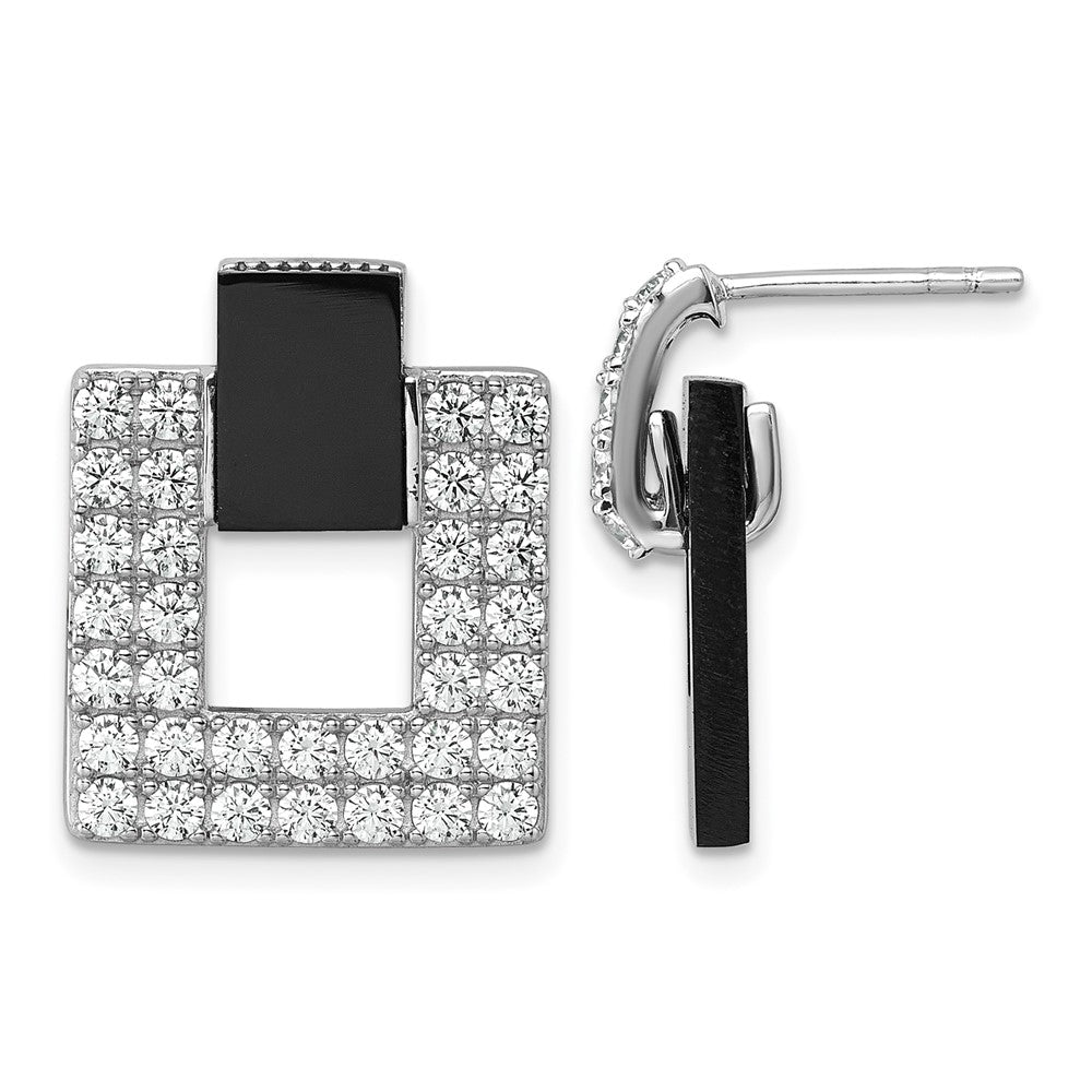 Sterling Silver RH-plated CZ Black Agate Square Dangle Mis-Matched Earrings