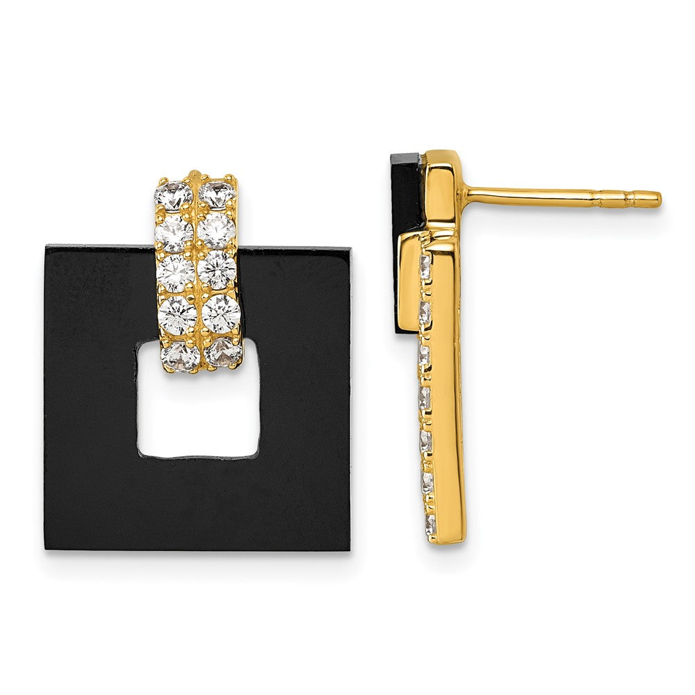 Sterling Silver Gold-tone CZ Black Agate Square Dangle Mis-Matched Earrings