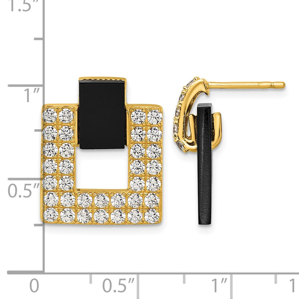 Sterling Silver Gold-tone CZ Black Agate Square Dangle Mis-Matched Earrings