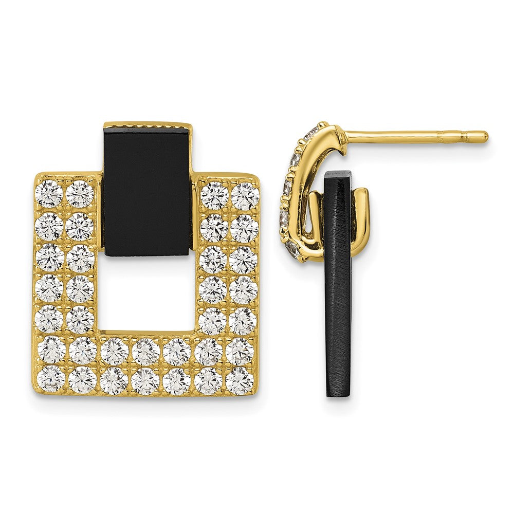 Sterling Silver Gold-tone CZ Black Agate Square Dangle Mis-Matched Earrings