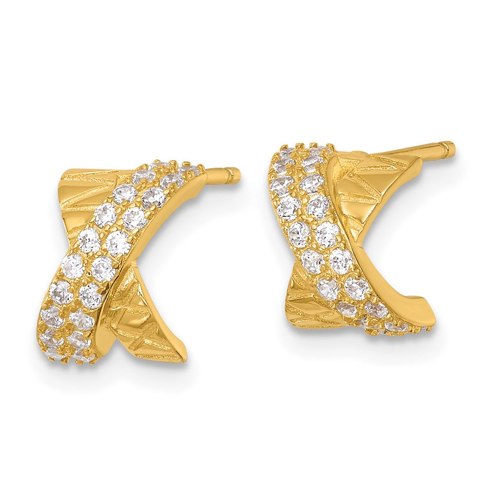 Sterling Silver Gold-tone Polished and Patterned X CZ Post Earrings