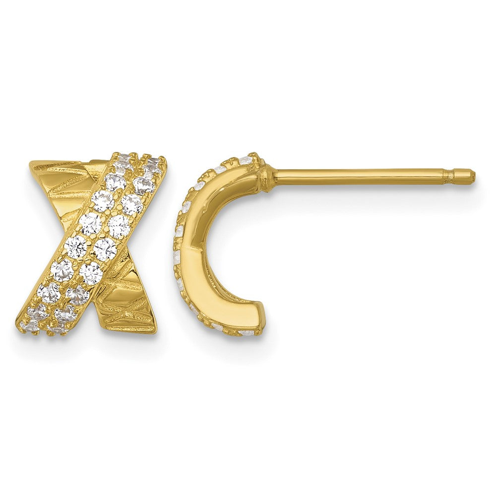 Sterling Silver Gold-tone Polished and Patterned X CZ Post Earrings