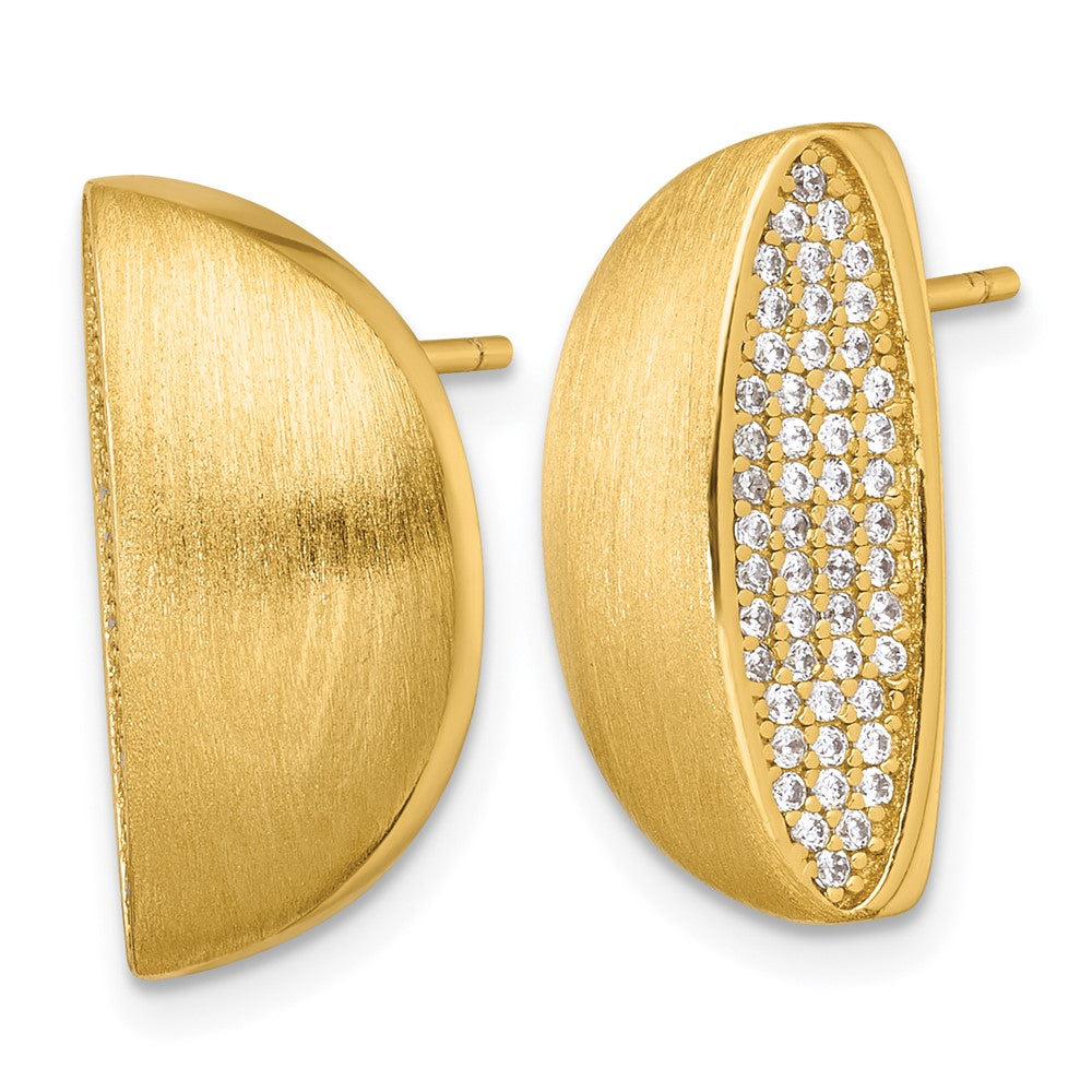 Sterling Silver Gold-pltd Brushed Polished Pave CZ Half Circle Post Earring
