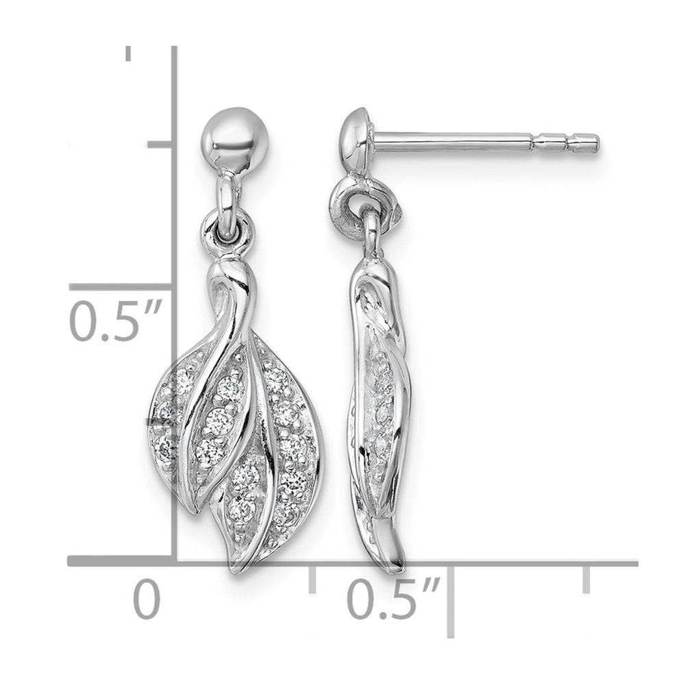Sterling Silver Rhodium-plated Polished CZ Leaf Dangle Post Earrings