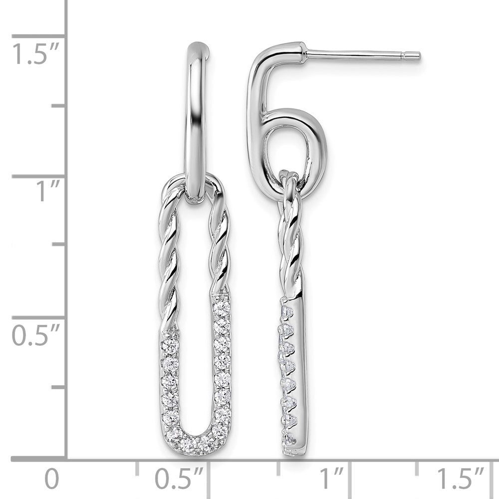 Sterling Silver Rhodium-plated CZ Twisted Paper Clip Dangle Post Earrings
