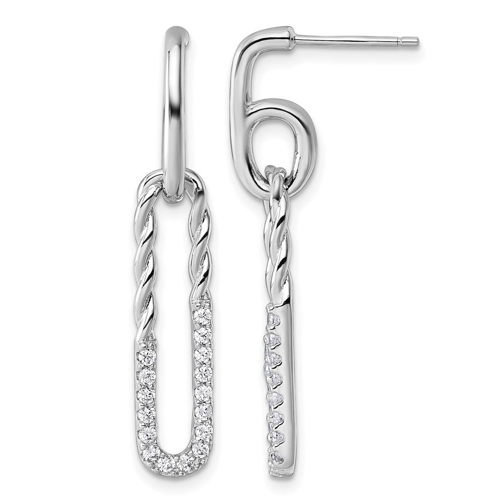 Sterling Silver Rhodium-plated CZ Twisted Paper Clip Dangle Post Earrings