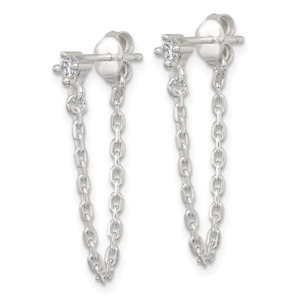 Sterling Silver Polished CZ Dangling Chain Post Earrings