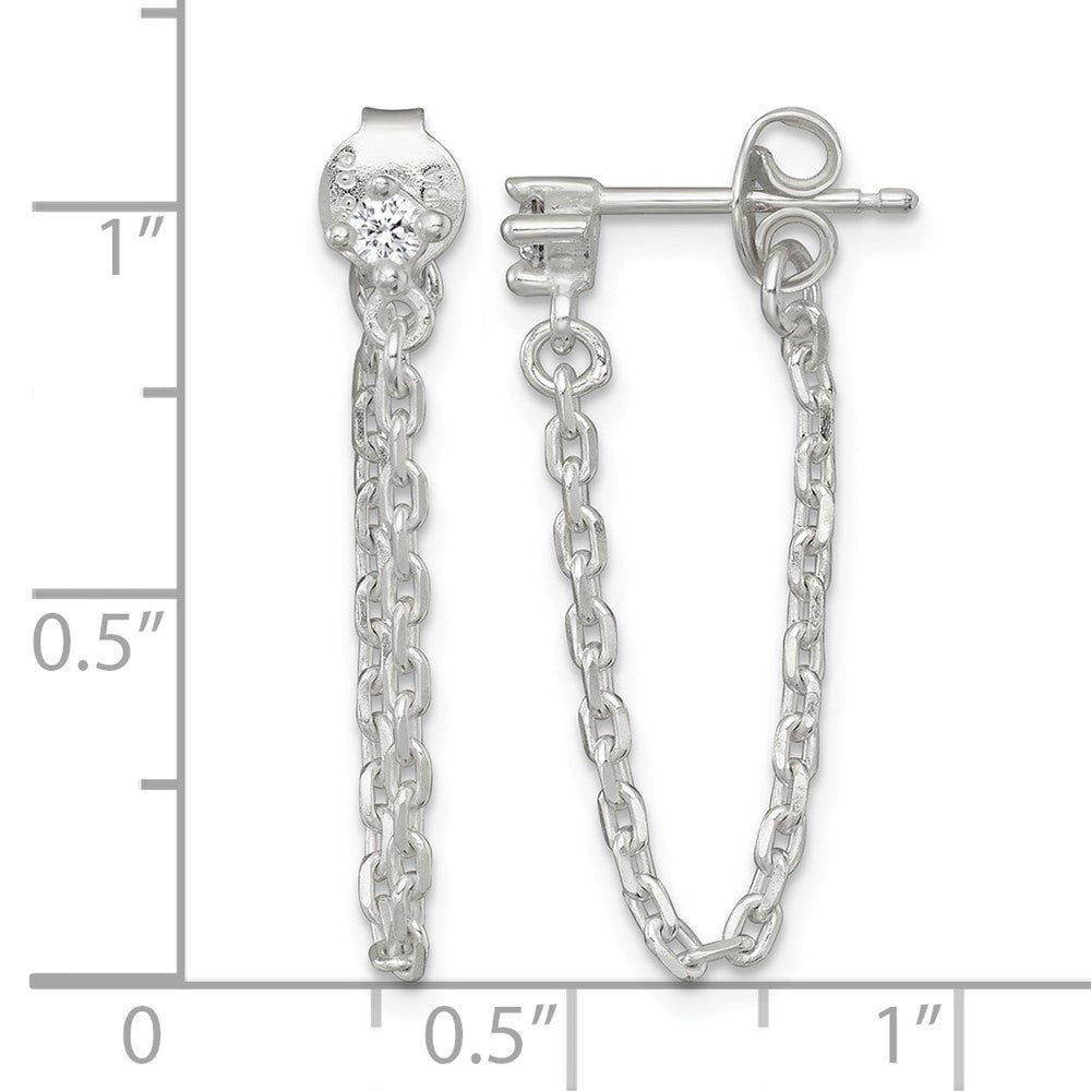 Sterling Silver Polished CZ Dangling Chain Post Earrings