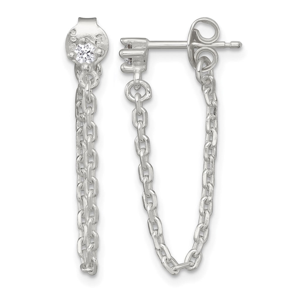 Sterling Silver Polished CZ Dangling Chain Post Earrings