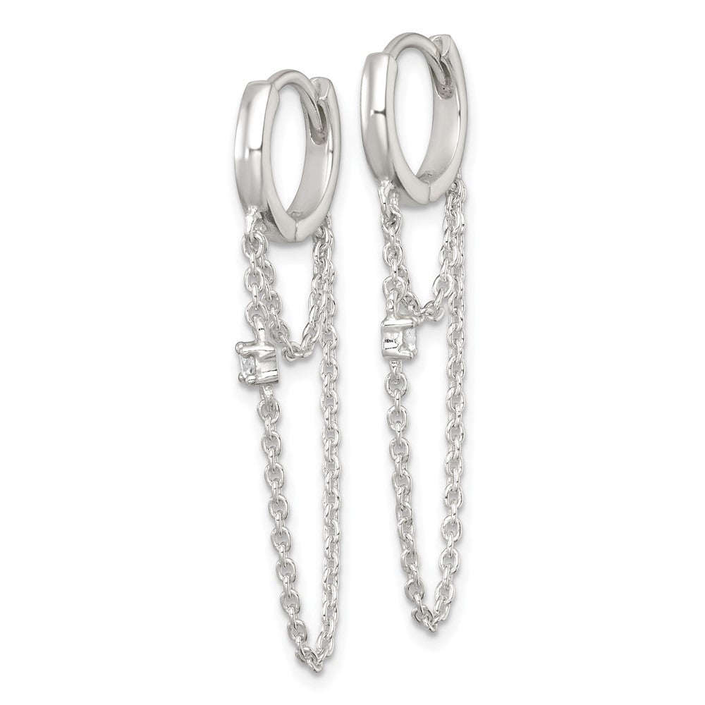 Sterling Silver Polished CZ Dangling Chain Hinged Round Hoop Earrings