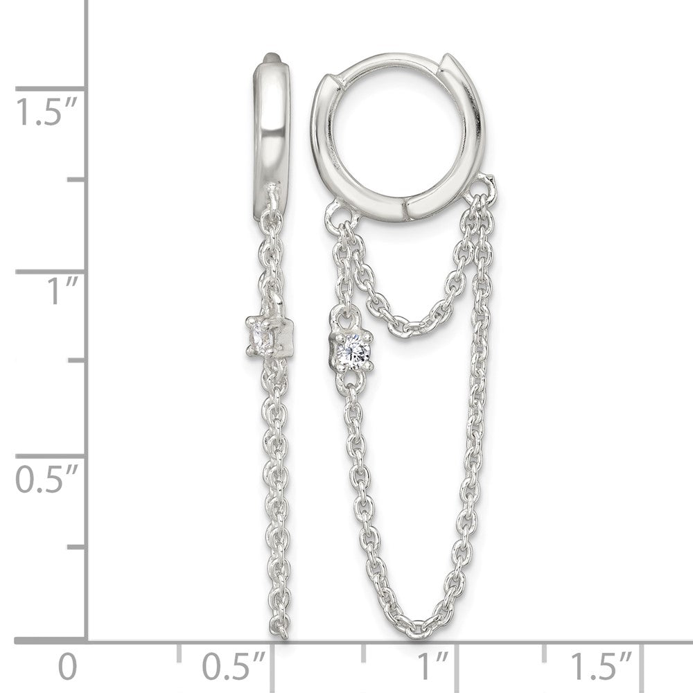 Sterling Silver Polished CZ Dangling Chain Hinged Round Hoop Earrings