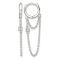 Sterling Silver Polished CZ Dangling Chain Hinged Round Hoop Earrings