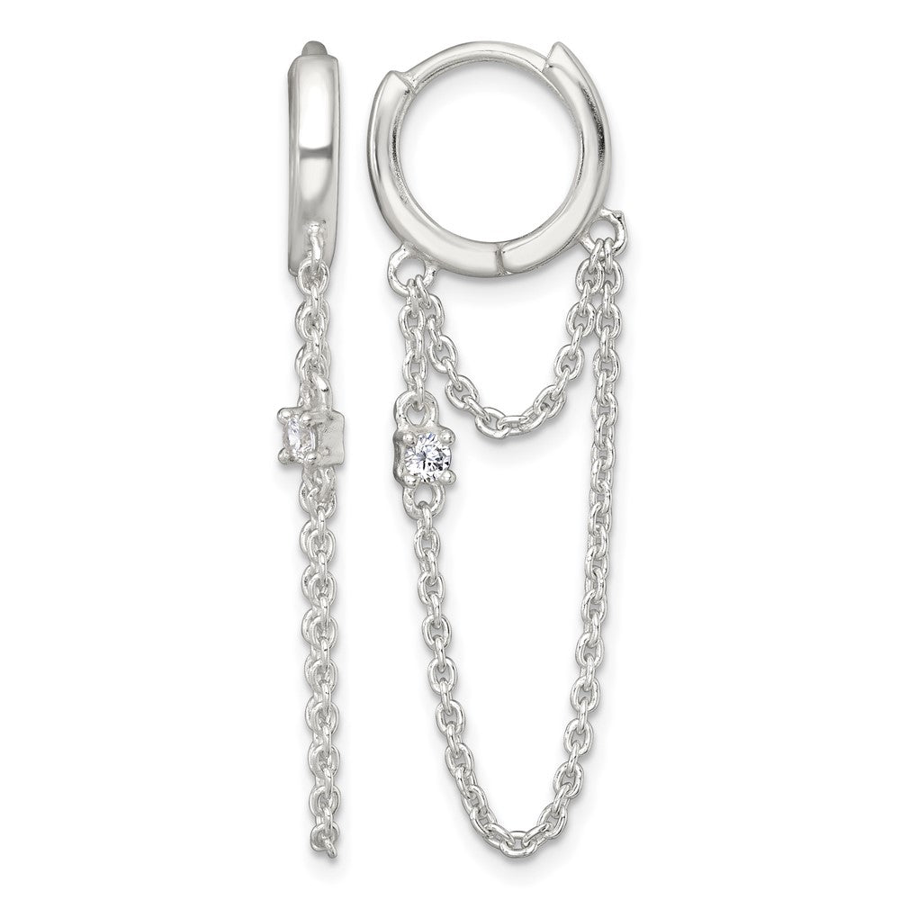 Sterling Silver Polished CZ Dangling Chain Hinged Round Hoop Earrings