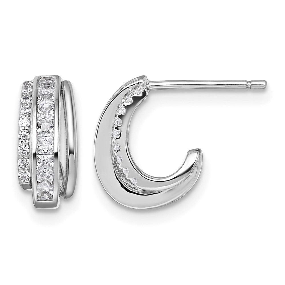Sterling Silver Rhodium-plated Polished CZ Post J-Hoop Earrings