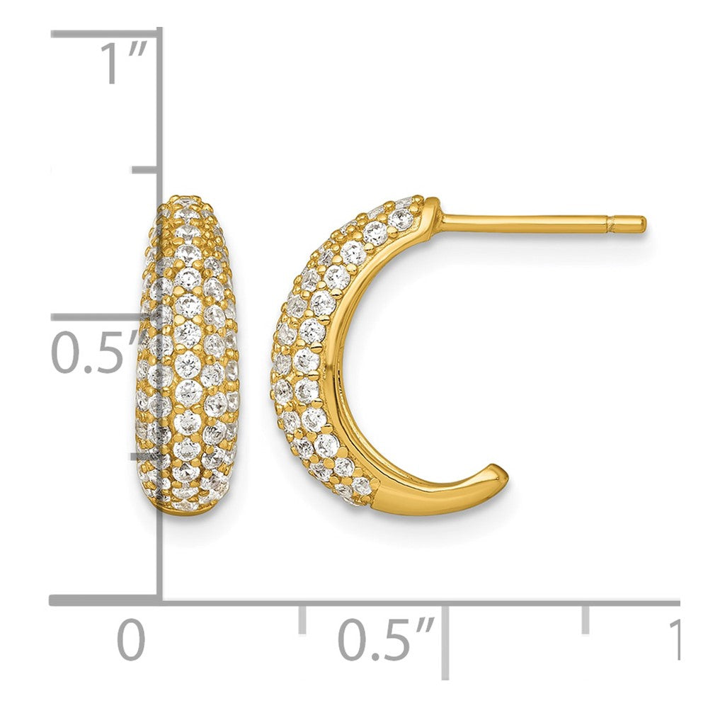Sterling Silver Gold-tone Polished Pave CZ Post J-Hoop Earrings
