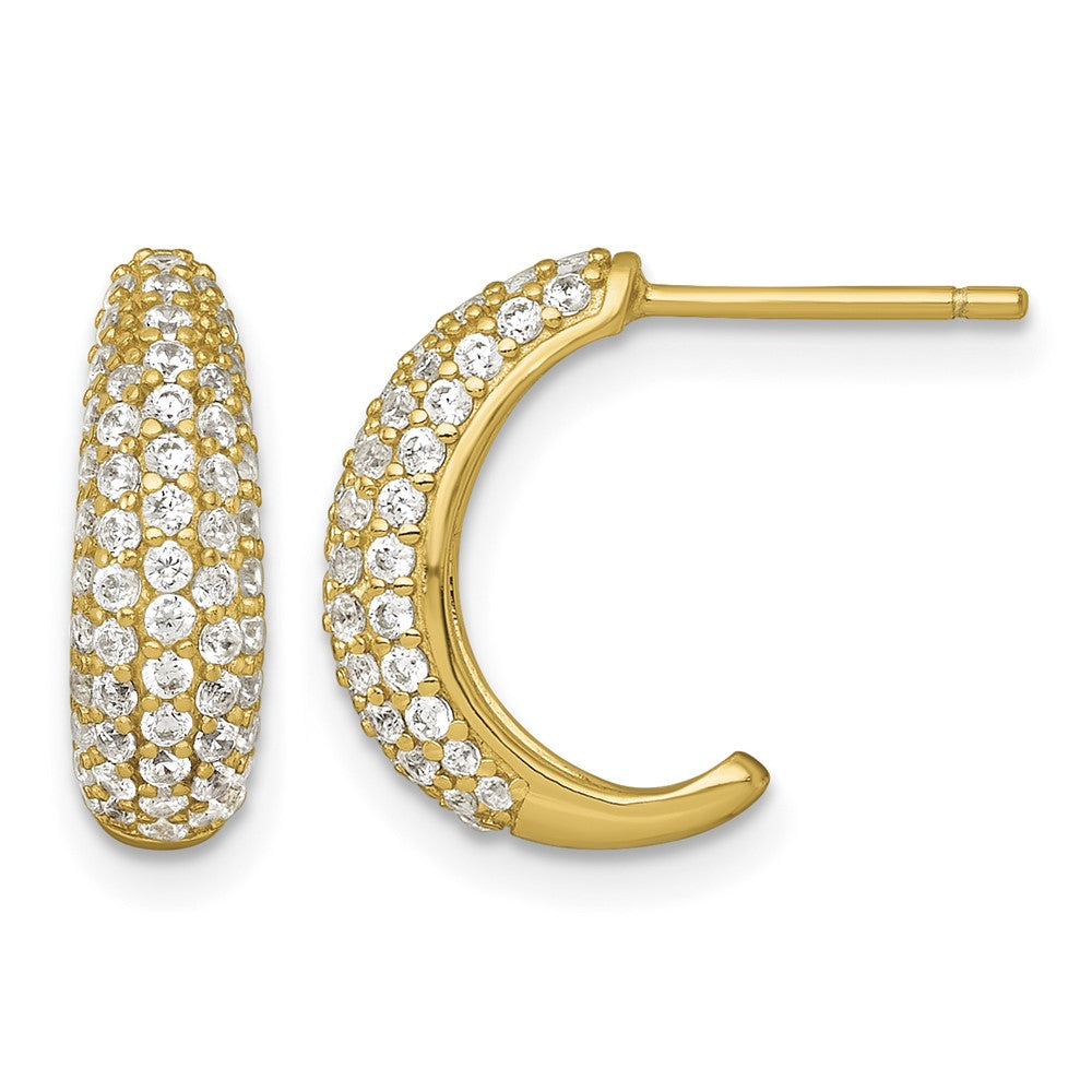 Sterling Silver Gold-tone Polished Pave CZ Post J-Hoop Earrings