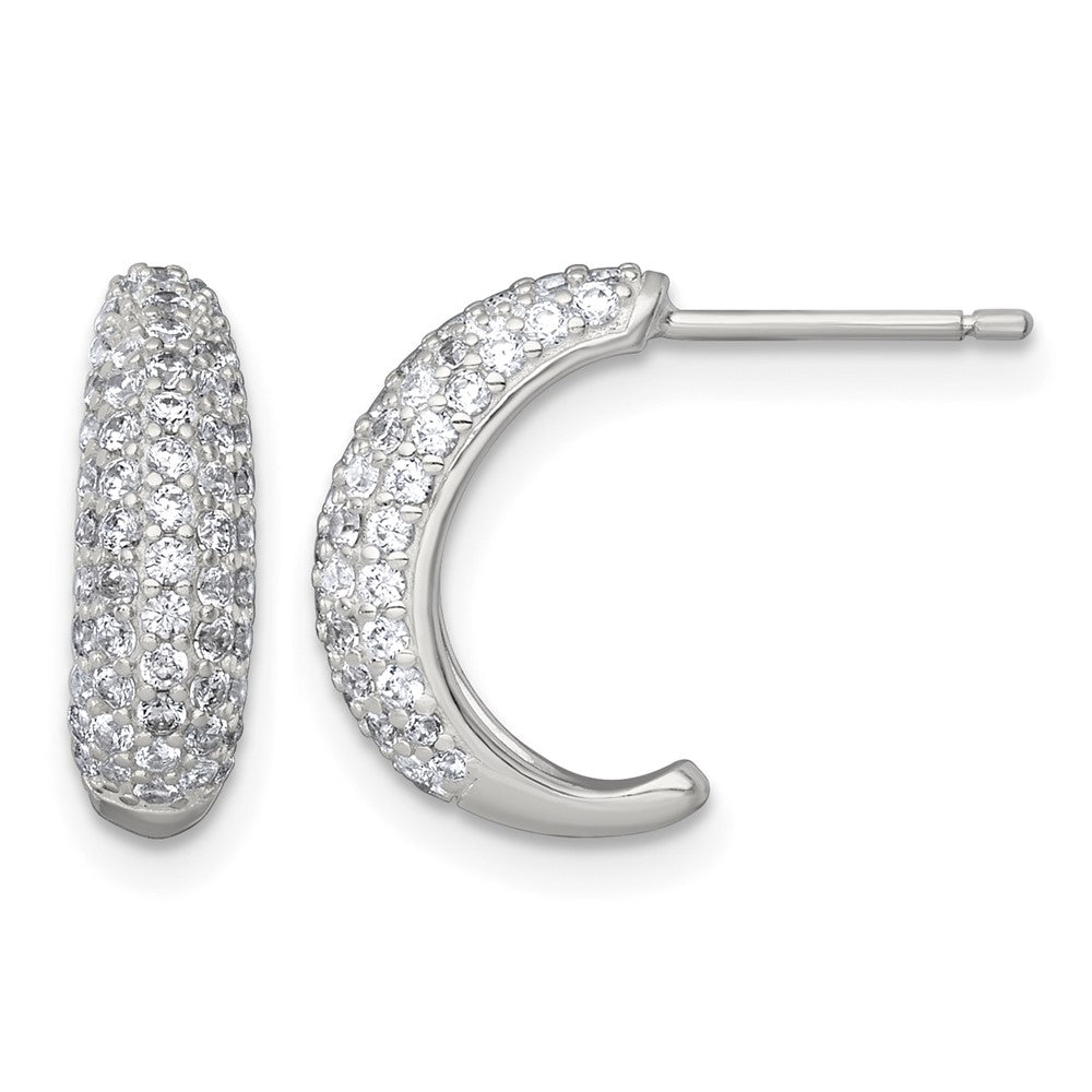 Sterling Silver Polished Pave CZ Post J-Hoop Earrings