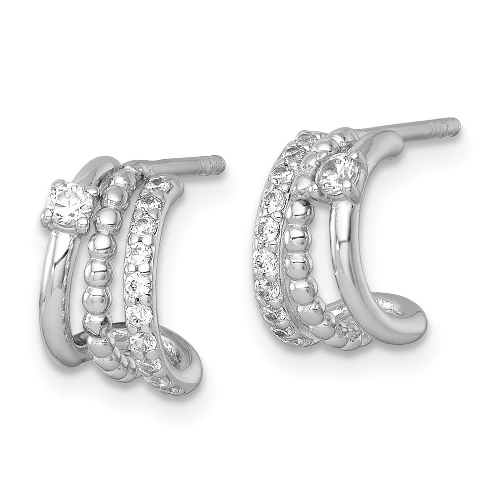 Sterling Silver RH-plated Polished Beaded CZ Post C-Hoop Earrings