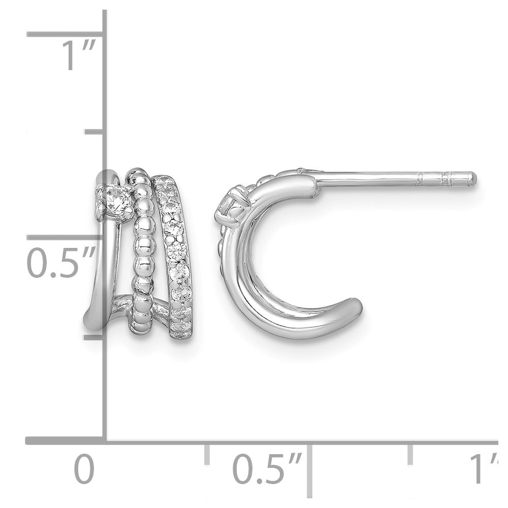 Sterling Silver RH-plated Polished Beaded CZ Post C-Hoop Earrings