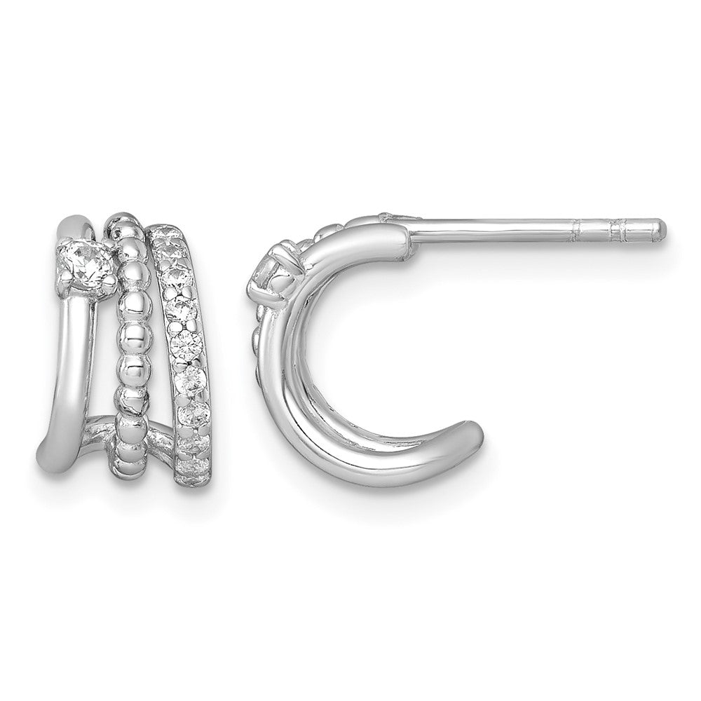 Sterling Silver RH-plated Polished Beaded CZ Post C-Hoop Earrings