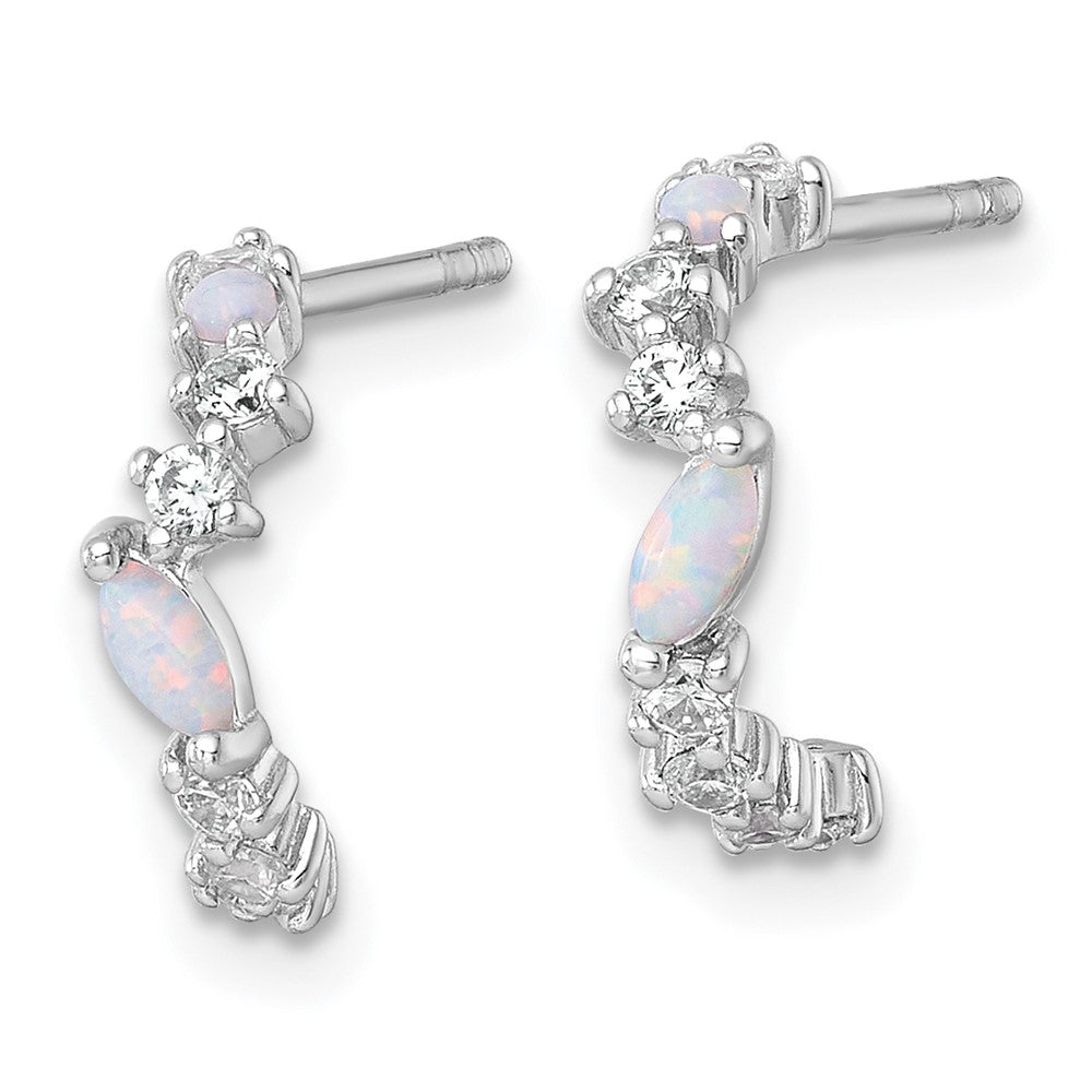 SSilver RH-plated Polished CZ and Lab Created Opal Post C-Hoop Earrings