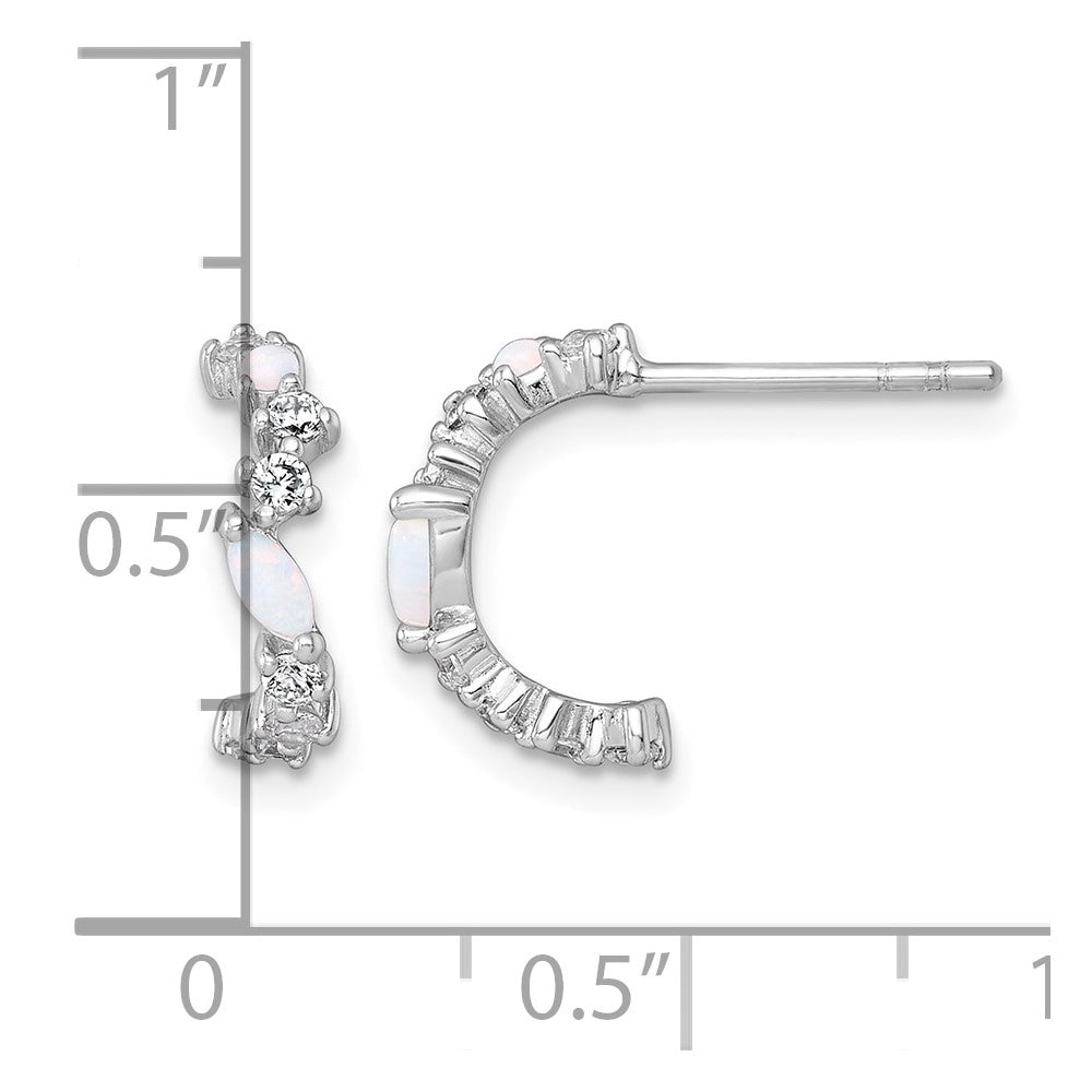 SSilver RH-plated Polished CZ and Lab Created Opal Post C-Hoop Earrings