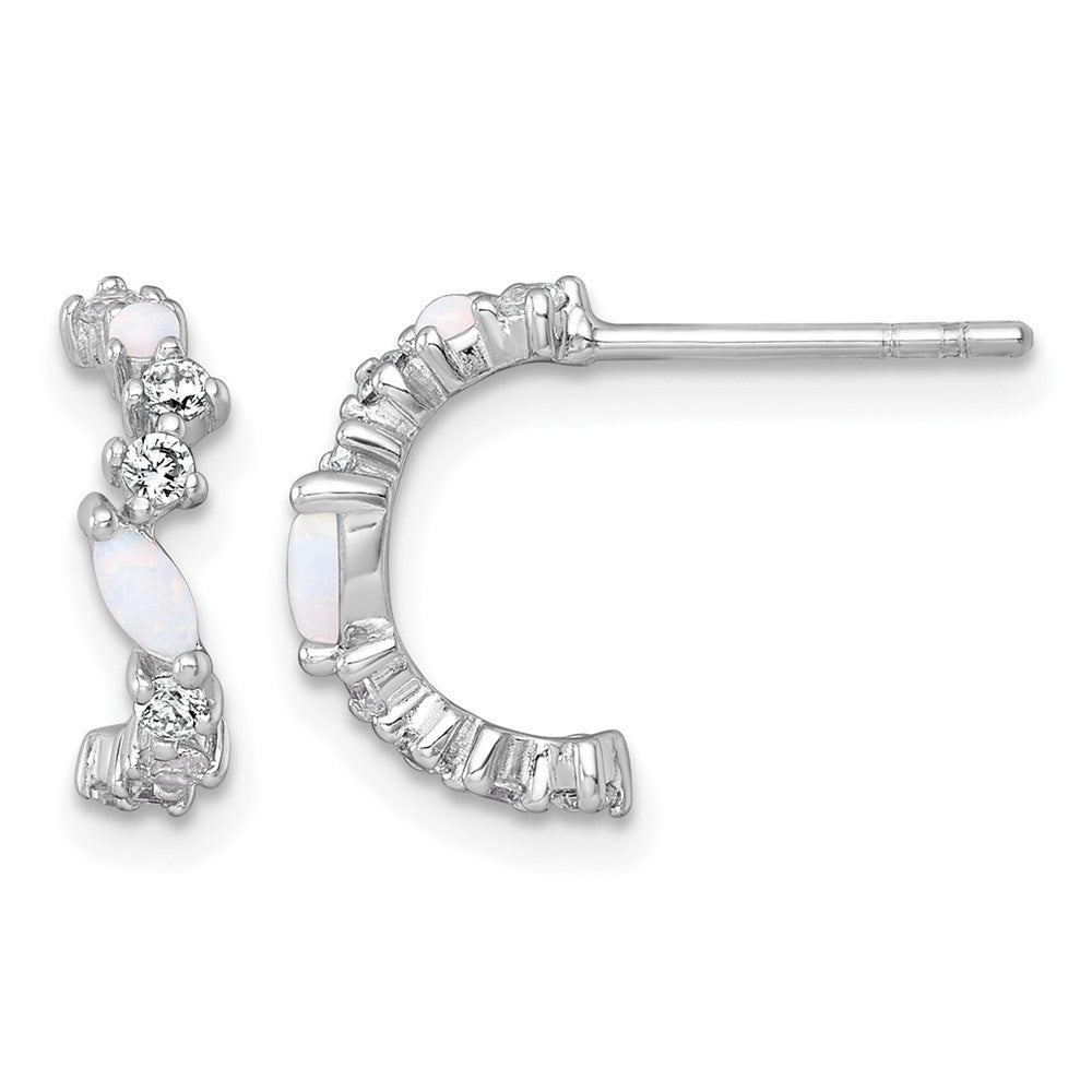 SSilver RH-plated Polished CZ and Lab Created Opal Post C-Hoop Earrings