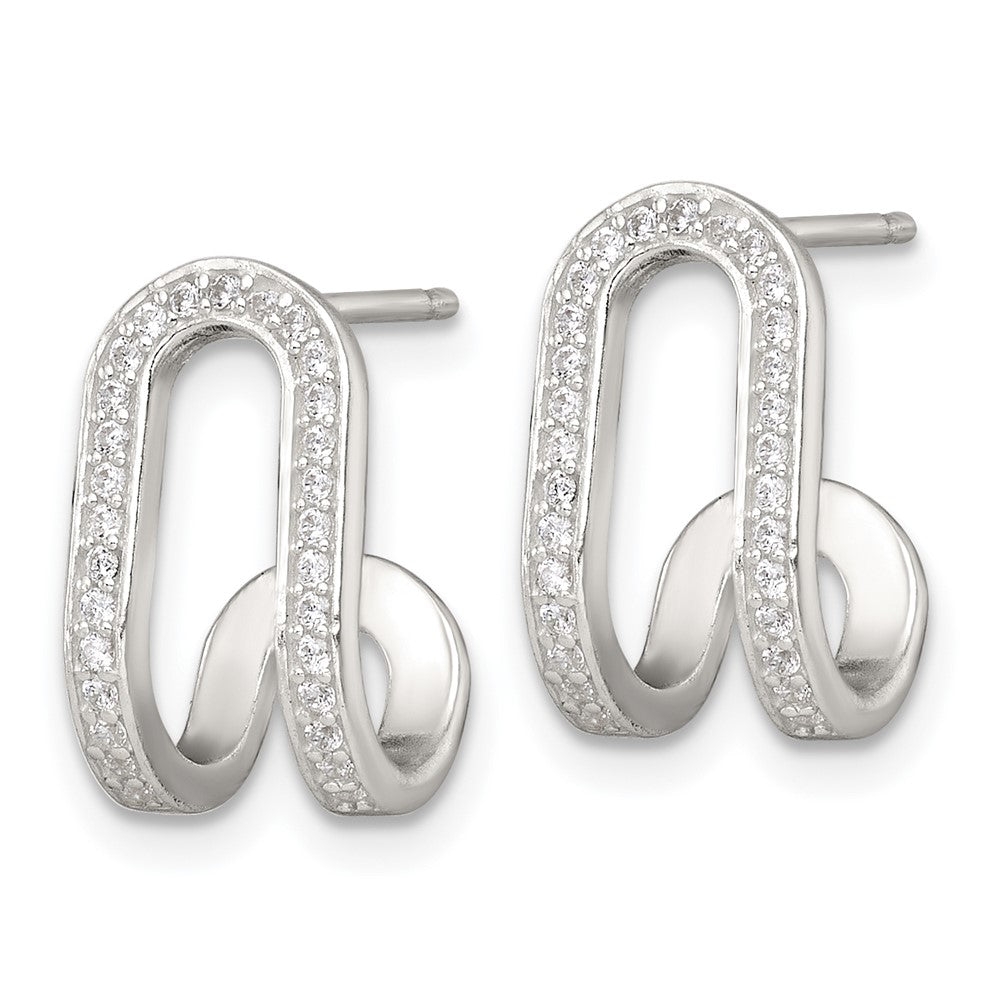 Sterling Silver Polished CZ Curved Post J-Hoop Earrings