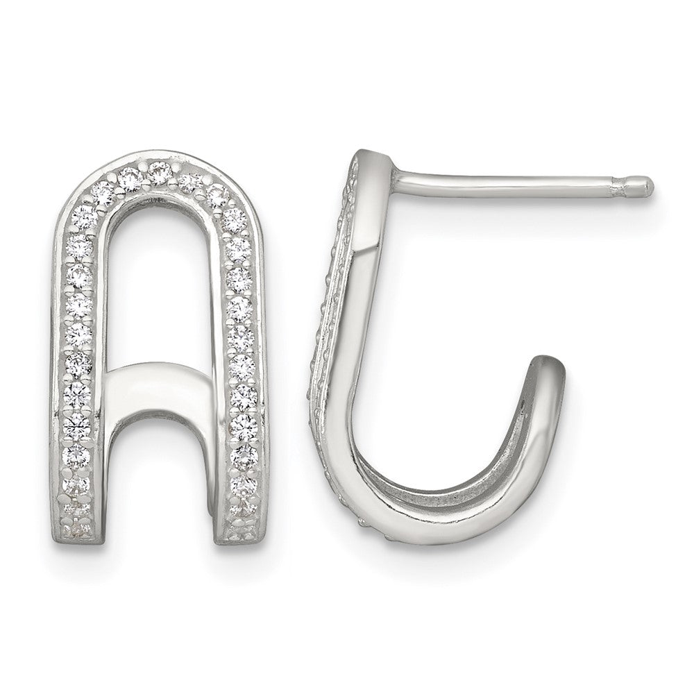 Sterling Silver Polished CZ Curved Post J-Hoop Earrings