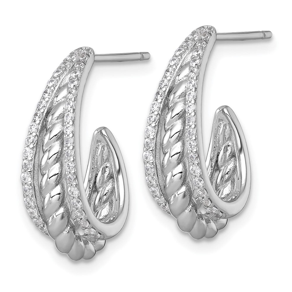 Sterling Silver RH-plated Polished and Twisted CZ Post J-Hoop Earrings