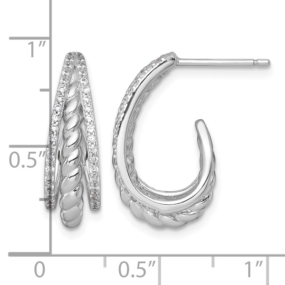 Sterling Silver RH-plated Polished and Twisted CZ Post J-Hoop Earrings