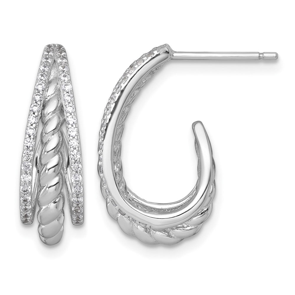 Sterling Silver RH-plated Polished and Twisted CZ Post J-Hoop Earrings