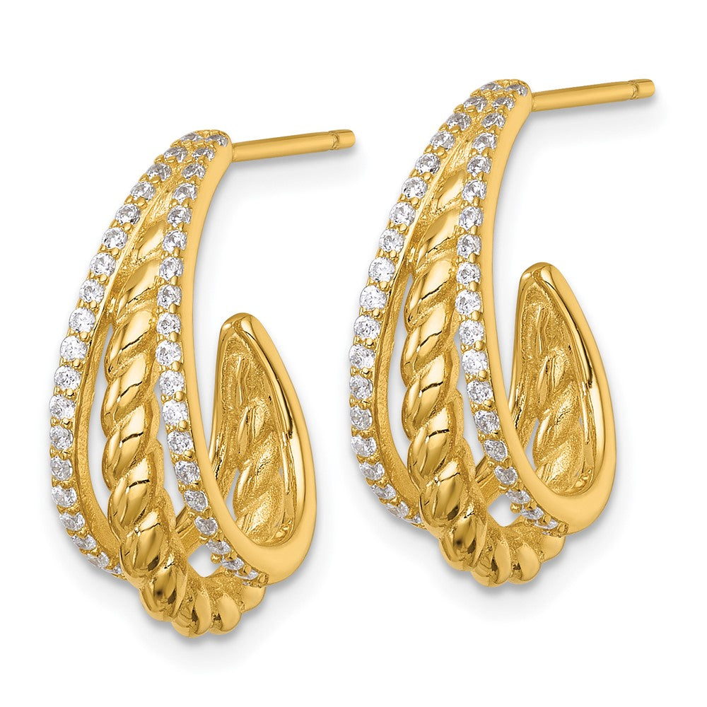 Sterling Silver Gold-tone Polished and Twisted CZ Post J-Hoop Earrings