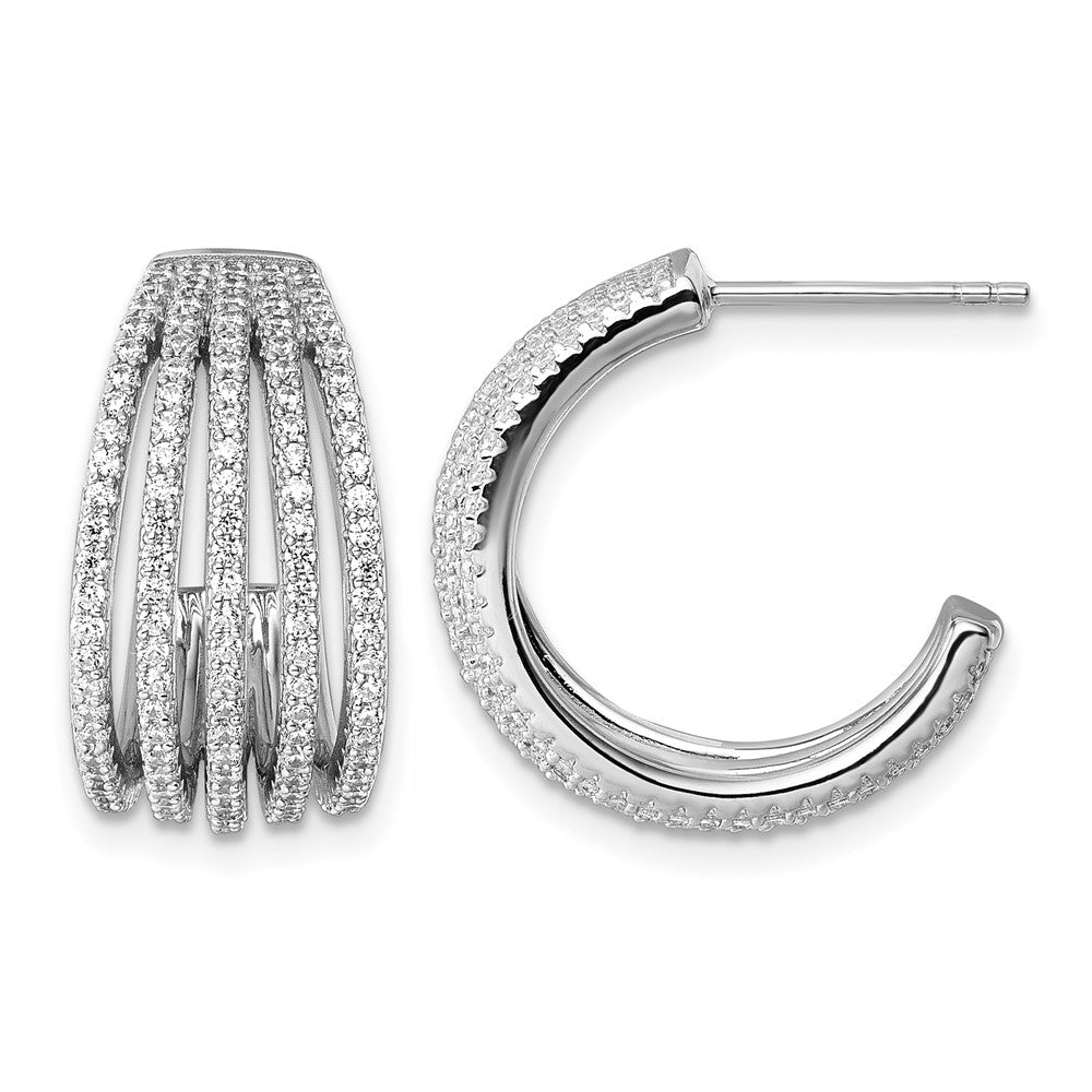 Sterling Silver Rhodium-plated CZ Multi Row Post J-Hoop Earrings
