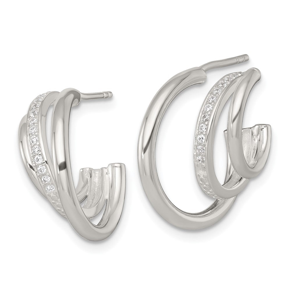 Sterling Silver Polished CZ 3-Row Post C-Hoop Earrings