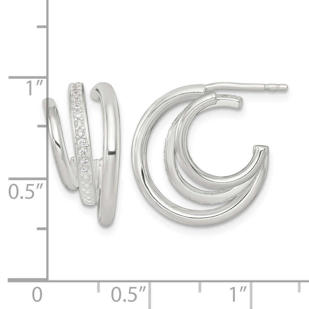 Sterling Silver Polished CZ 3-Row Post C-Hoop Earrings