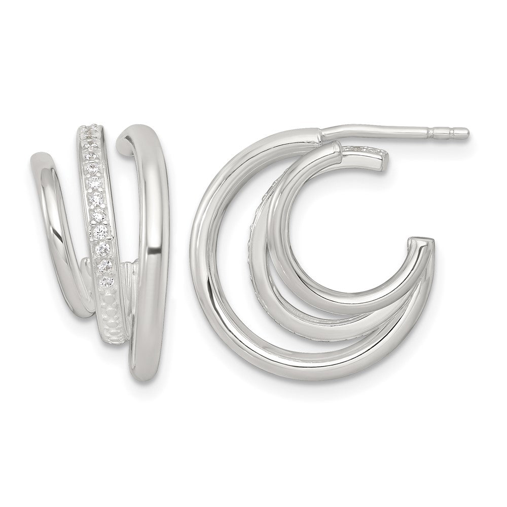 Sterling Silver Polished CZ 3-Row Post C-Hoop Earrings