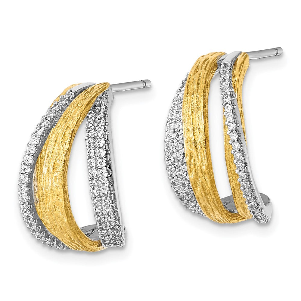 Sterling Silver Rhodium and Gold-pltd CZ Brushed Curved Post Earrings