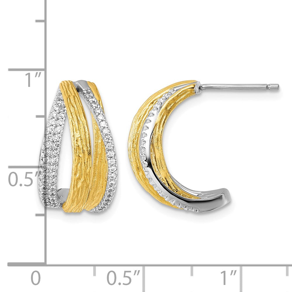 Sterling Silver Rhodium and Gold-pltd CZ Brushed Curved Post Earrings