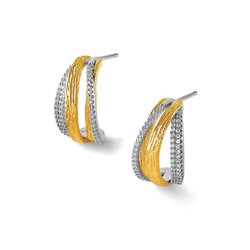 Sterling Silver Rhodium and Gold-pltd CZ Brushed Curved Post Earrings