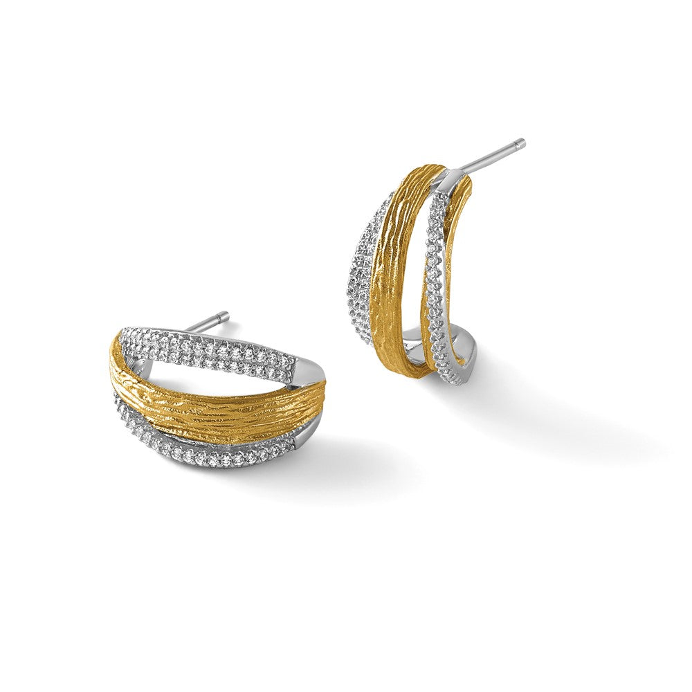 Sterling Silver Rhodium and Gold-pltd CZ Brushed Curved Post Earrings