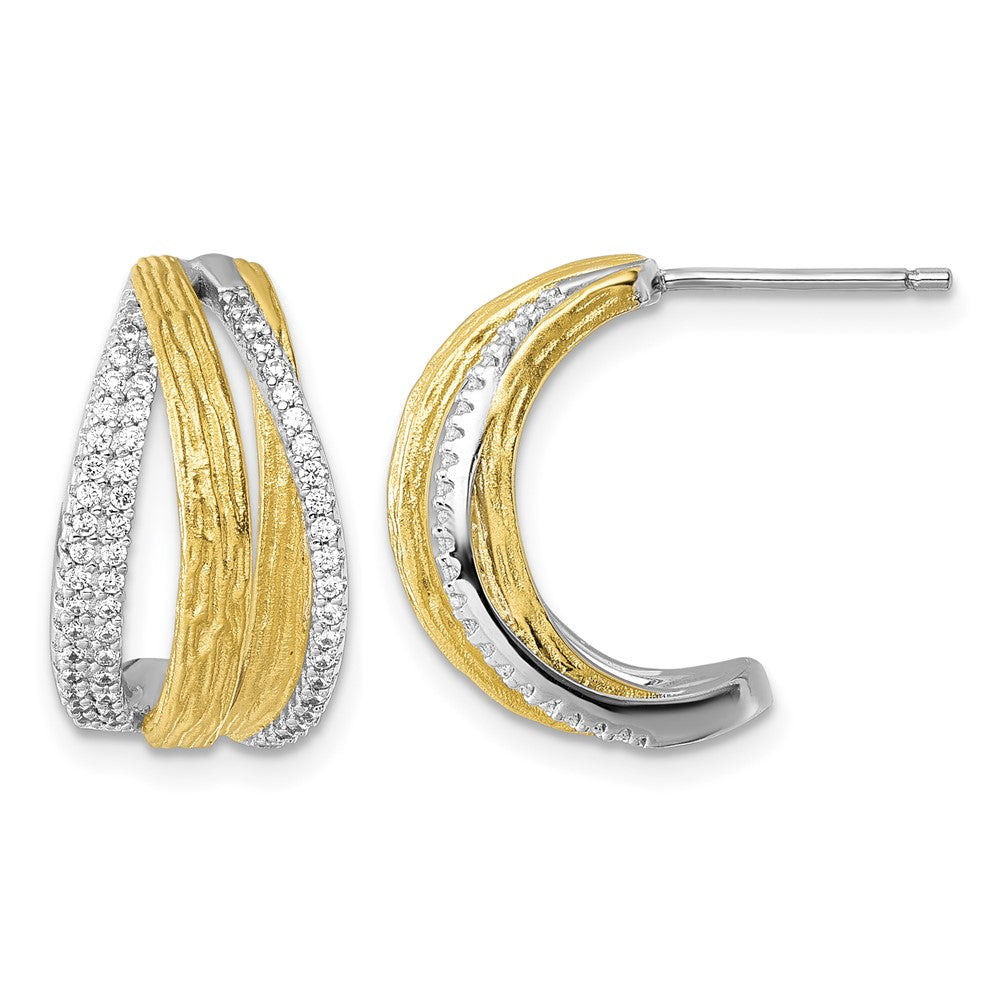 Sterling Silver Rhodium and Gold-pltd CZ Brushed Curved Post Earrings