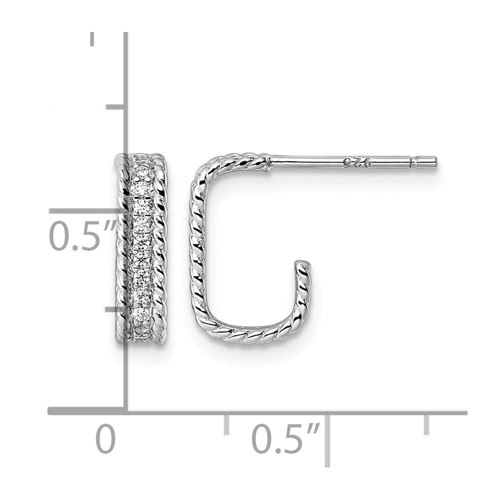 Sterling Silver Rhodium-plated CZ Textured Rectangle Post J-Hoop Earrings